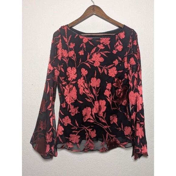 Vintage Red Black Burnout Floral Mesh Top Size Large Whimsigoth Romantic Pappell - Picture 2 of 9
